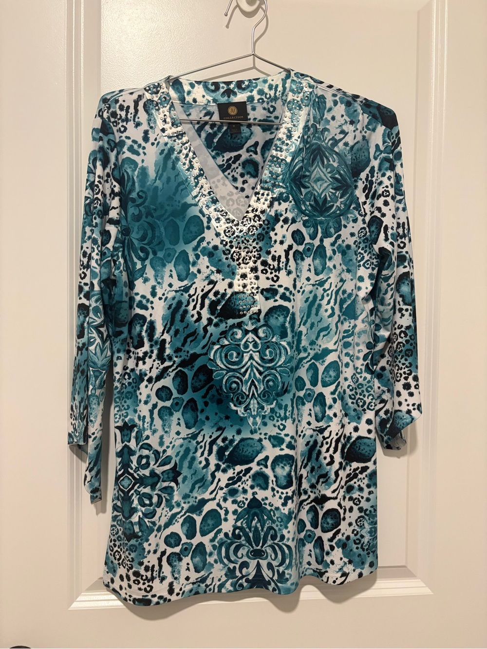 JM Collection Teal & White Patterned V-Neck Tunic